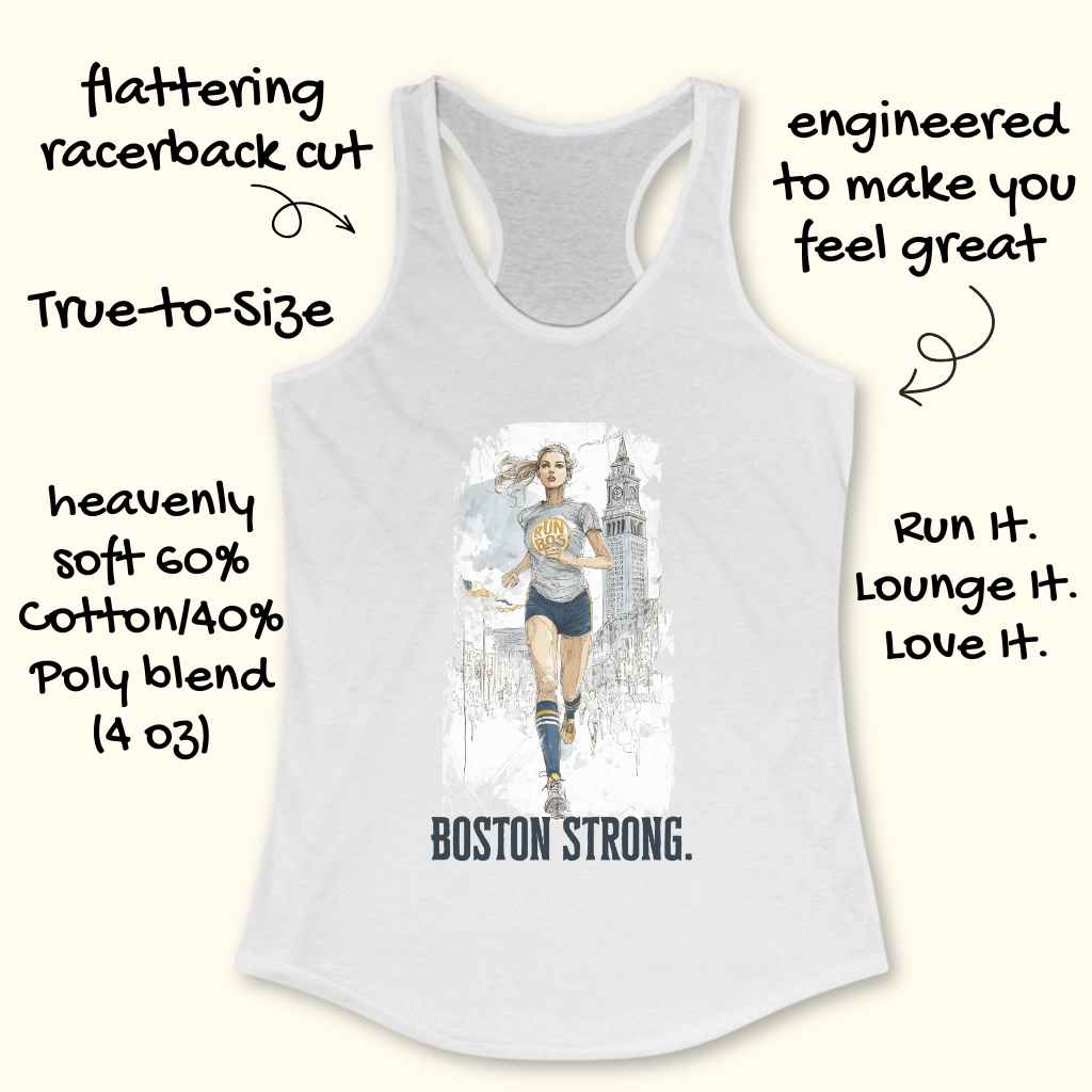 Product photo of a white women's racerback tank top featuring a watercolor sketch illustration of a blonde female runner in Boston with the iconic Custom House Tower visible, wearing a yellow "RUN BOS" t-shirt and blue shorts with blue striped socks, and "BOSTON STRONG" text printed below