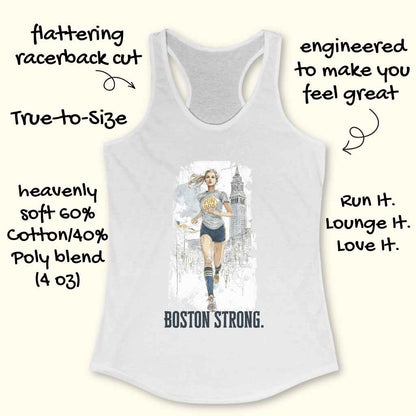 Product photo of a white women's racerback tank top featuring a watercolor sketch illustration of a blonde female runner in Boston with the iconic Custom House Tower visible, wearing a yellow "RUN BOS" t-shirt and blue shorts with blue striped socks, and "BOSTON STRONG" text printed below