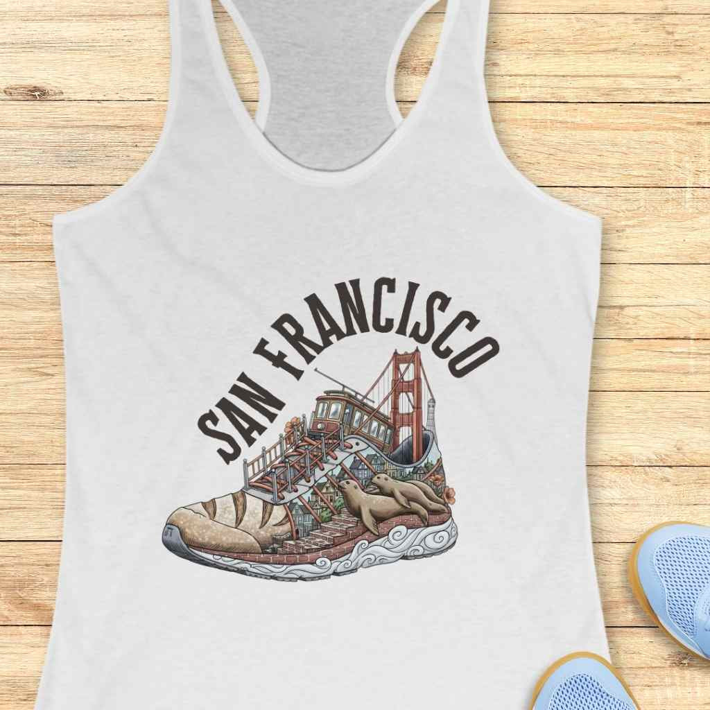 Illustrated graphic on a white tank top depicting a whimsical San Francisco shoe art featuring the Golden Gate Bridge, a cable car, two sea lions, and a brick textured sole with waves