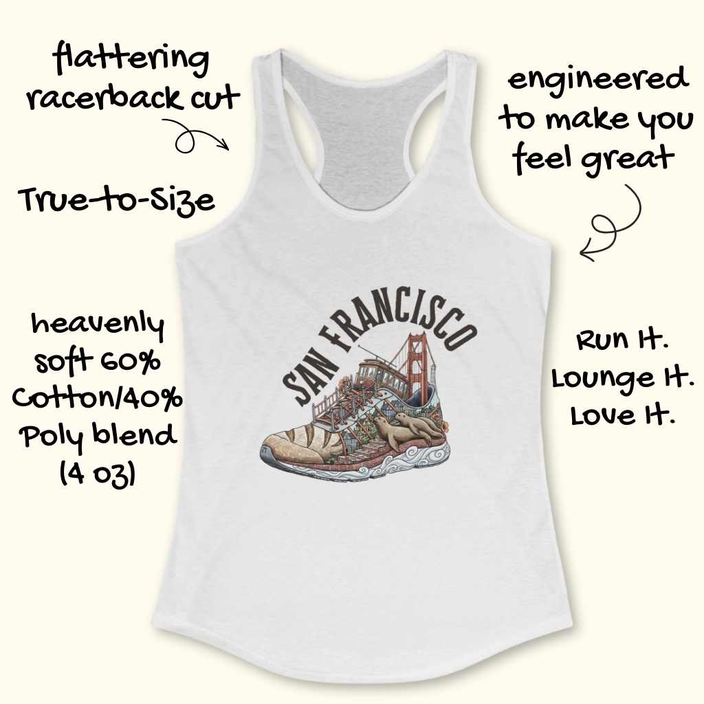 White racerback tank top with a colorful graphic of a San Francisco-themed sneaker featuring the Golden Gate Bridge, hilly streets with Victorian houses, and sea lions on the wavy sole under arched SAN FRANCISCO text