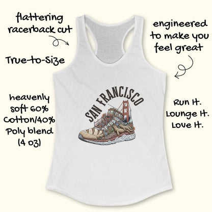 White racerback tank top with a colorful graphic of a San Francisco-themed sneaker featuring the Golden Gate Bridge, hilly streets with Victorian houses, and sea lions on the wavy sole under arched SAN FRANCISCO text