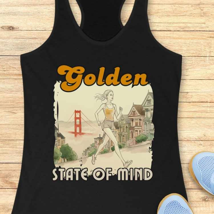 Graphic design on a black tank top showing a blonde woman in yellow top and grey shorts jogging past San Francisco's colorful Painted Ladies with the red Golden Gate Bridge in the background and "Golden State of Mind" text