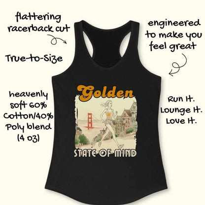 Black racerback tank top featuring a graphic print of a blonde woman running through San Francisco with the Golden Gate Bridge and colorful Victorian houses in the background, accented by orange "Golden" text and "STATE OF MIND"
