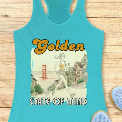 Graphic print on a teal tank top features a woman running through San Francisco past the Golden Gate Bridge and Painted Ladies with yellow Golden text above and black STATE OF MIND text below
