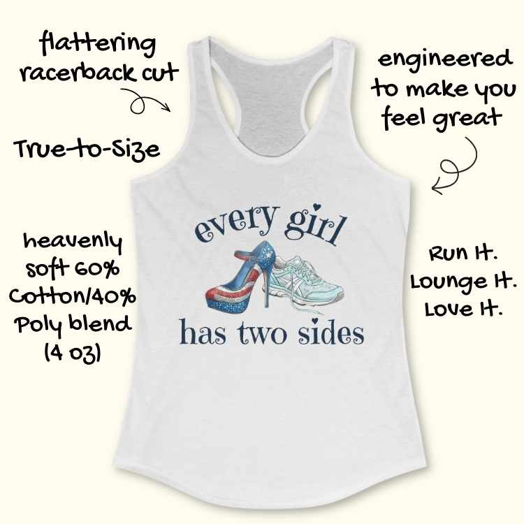 White tank top with graphic design and text on a white background