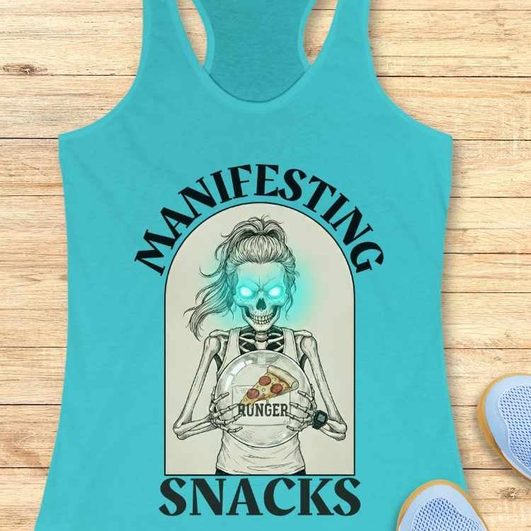 Turquoise tank top with skeleton design and text on a wooden surface