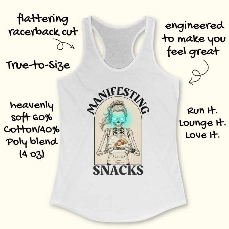 White tank top with graphic design and text on a white background