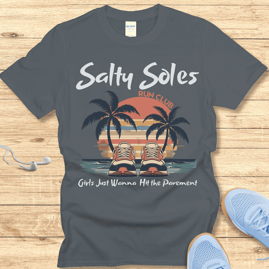 Salty Soles T-Shirt – Funny Women’s Running Shirt with Sunset Vibes