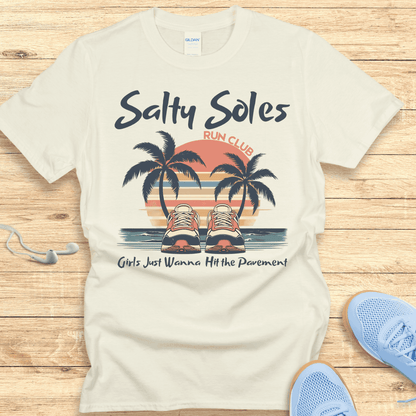 Salty Soles T-Shirt – Funny Women’s Running Shirt with Sunset Vibes