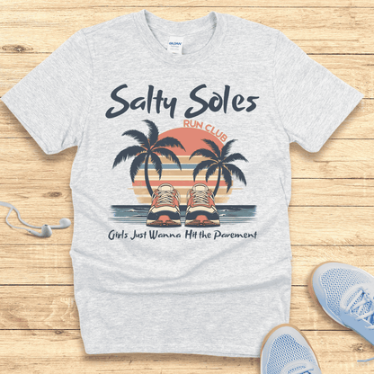 Salty Soles T-Shirt – Funny Women’s Running Shirt with Sunset Vibes