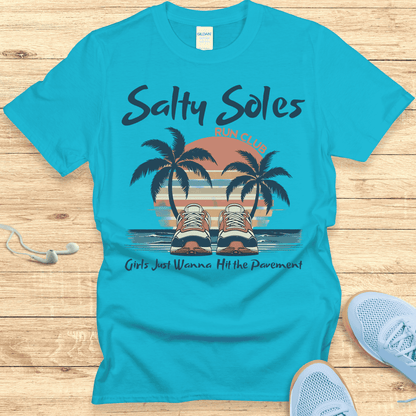 Salty Soles T-Shirt – Funny Women’s Running Shirt with Sunset Vibes