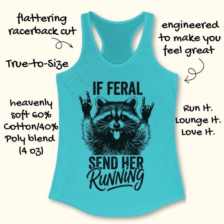 Turquoise tank top with raccoon graphic and text on a white background