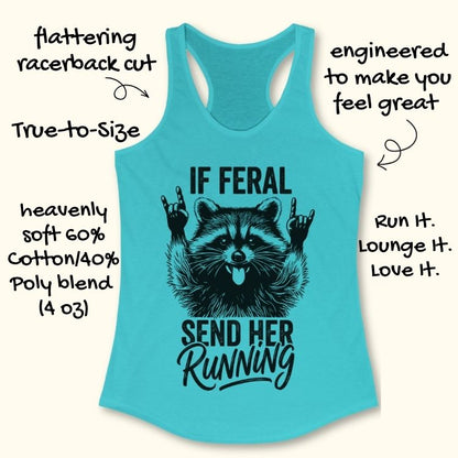 Turquoise tank top with raccoon graphic and text on a white background