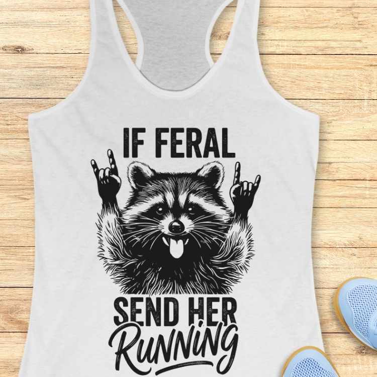 white tank top with a raccoon graphic and text on a wooden surface