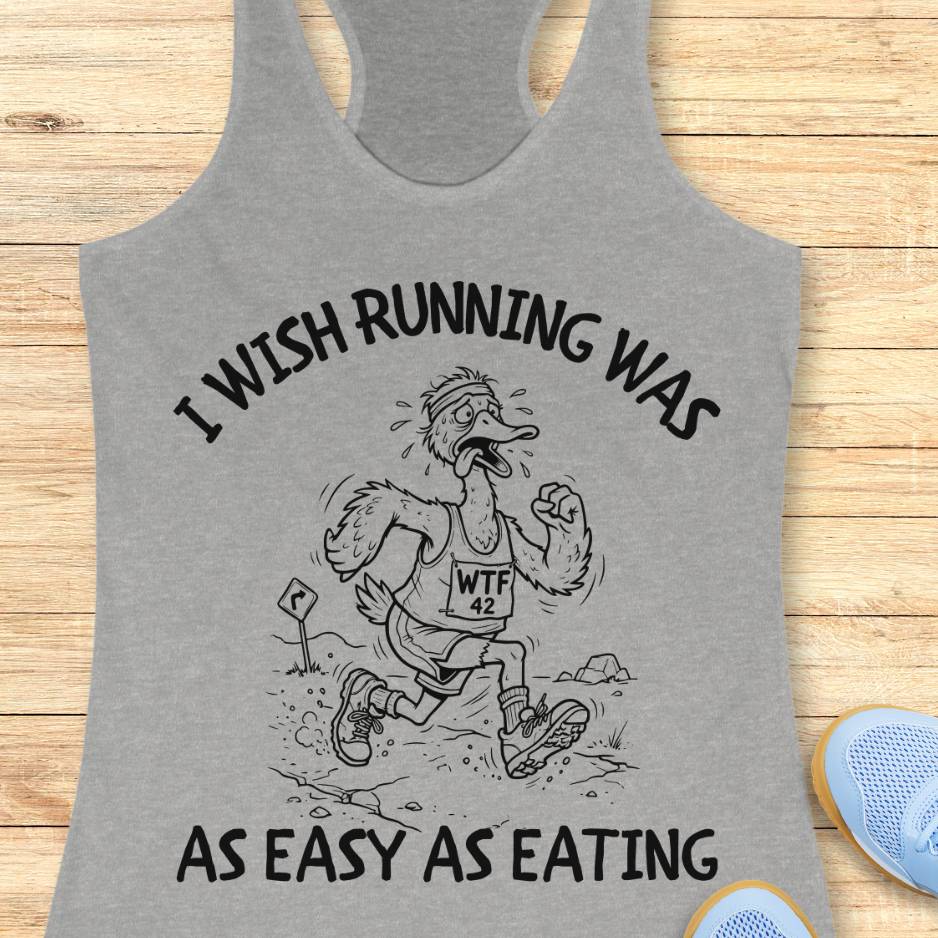Gray tank top with a graphic of a running ostrich and text on a wooden surface