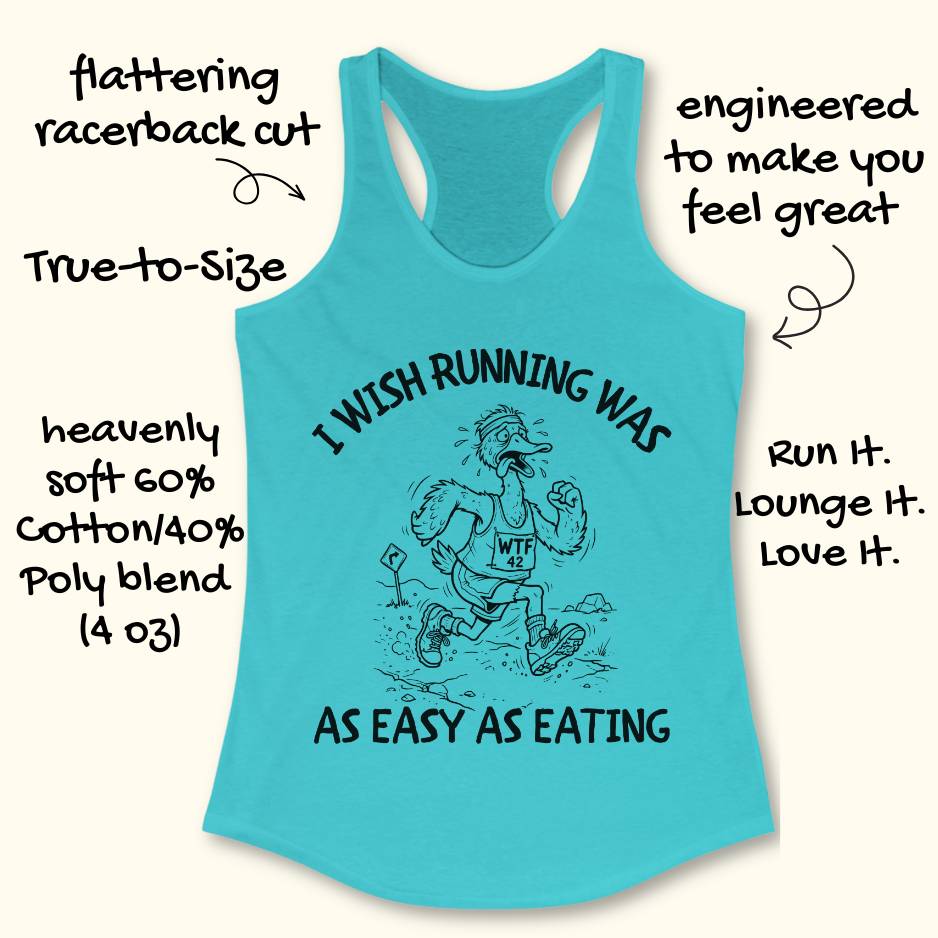Turquoise tank top with graphic and text on a white background