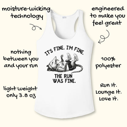 White racerback performance tank top with a humorous graphic of a cartoon sloth lying on its back and the text 'IT'S FINE. I'M FINE.