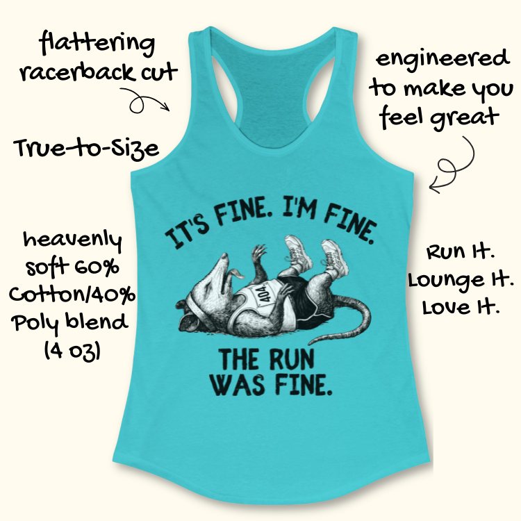 Turquoise tank top with graphic and text on a white background