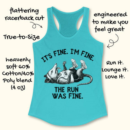 Turquoise tank top with graphic and text on a white background