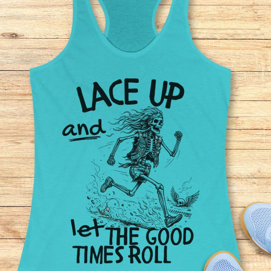 Turquoise tank top with skeleton graphic and text Lace up and let the good times roll' on a wooden surface