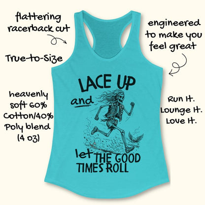 Turquoise tank top with skeleton graphic and text Lace up and let the good times roll' on a white background