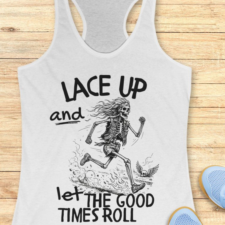 white tank top with skeleton design and text Lace up and let the good times roll' on a wooden surface