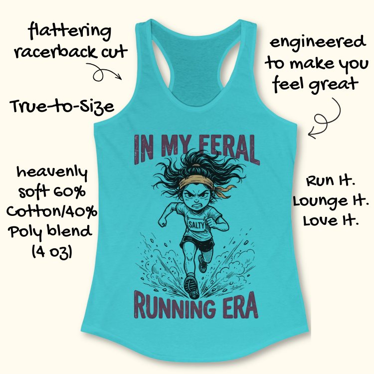 Turquoise tank top with graphic design and text Mint green tank top with graphic design and text "in my feral running era" on a white background