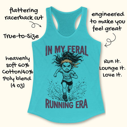 Turquoise tank top with graphic design and text Mint green tank top with graphic design and text "in my feral running era" on a white background