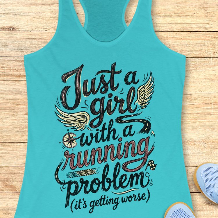 A tahiti blue tank top with the text "Just a girl with a running problem (it's getting worse" on a wooden background 
