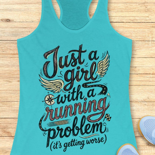 A tahiti blue tank top with the text "Just a girl with a running problem (it's getting worse" on a wooden background 