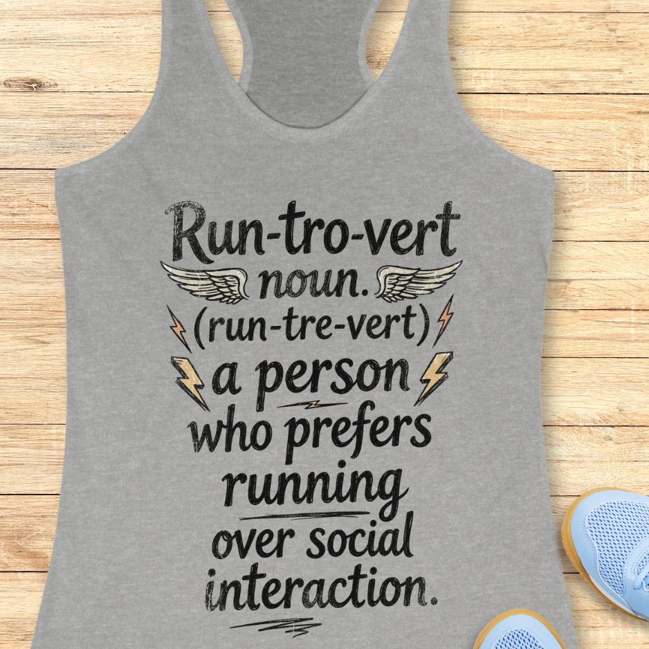 Gray tank top with text "Run-tro-vert   noun. (run-tre-vert)   a person who prefers running over social interaction." design on a wooden surface