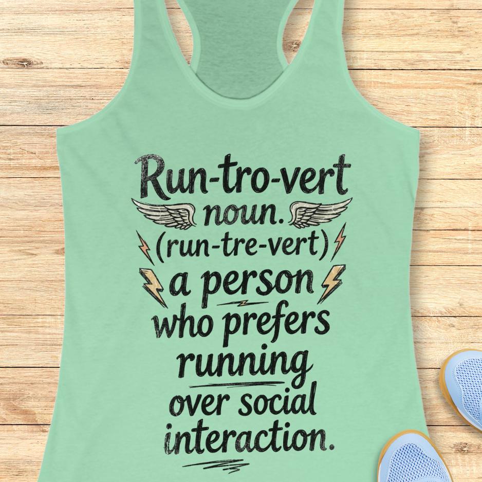Mint green tank top with text "Run-tro-vert   noun. (run-tre-vert)   a person who prefers running over social interaction."on a wooden surface