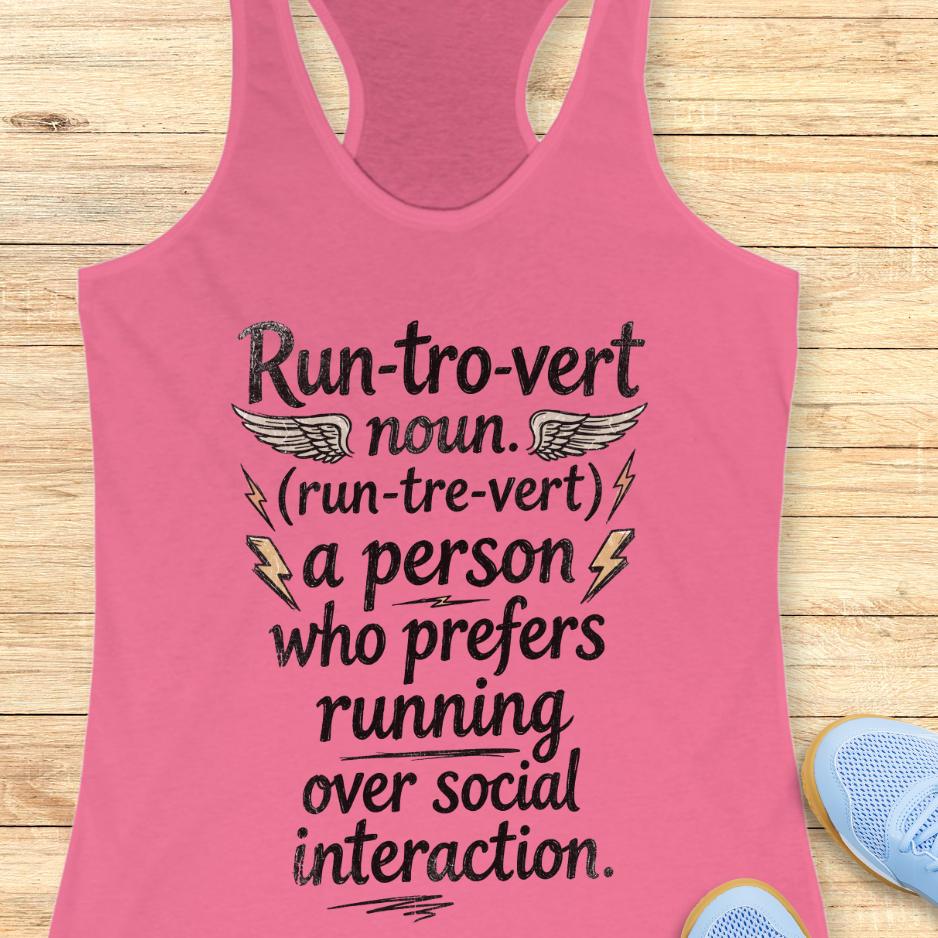 Pink tank top with text "Run-tro-vert   noun. (run-tre-vert)   a person who prefers running over social interaction." design on a wooden surface