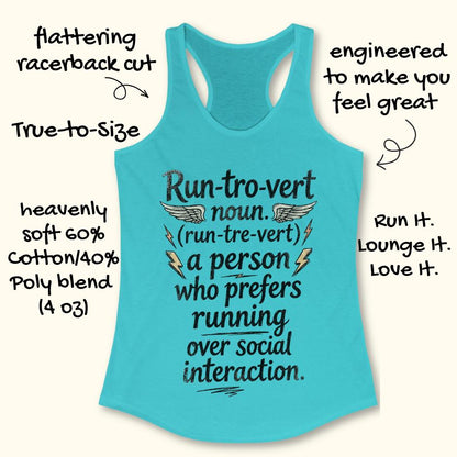 Turquoise tank top with text "Run-tro-vert   noun. (run-tre-vert)   a person who prefers running over social interaction." design on a white background