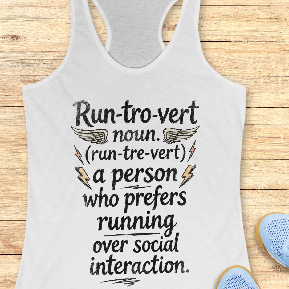 white tank top with text "Run-tro-vert   noun. (run-tre-vert)   a person who prefers running over social interaction." on a wooden surface