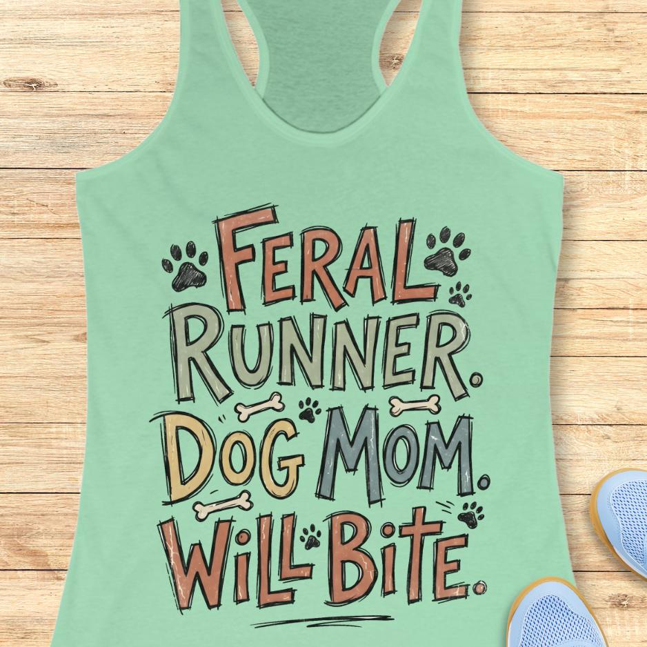 Light green tank top with text 'Feral Runner Dog Mom Will Bite' on a wooden surface.