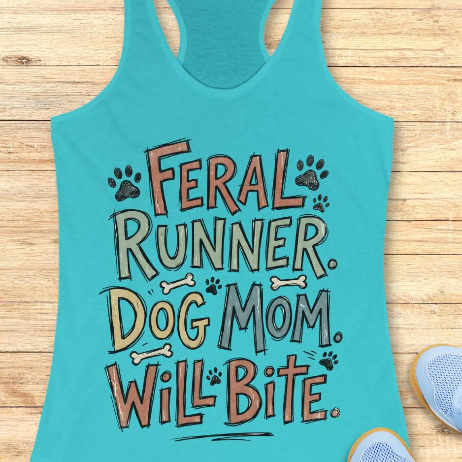 Turquoise tank top with text 'Feral Runner. Dog Mom. Will Bite.' on a wooden surface.