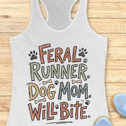 White tank top with colorful text 'Feral Runner. Dog Mom. Will Bite.' on a wooden surface.