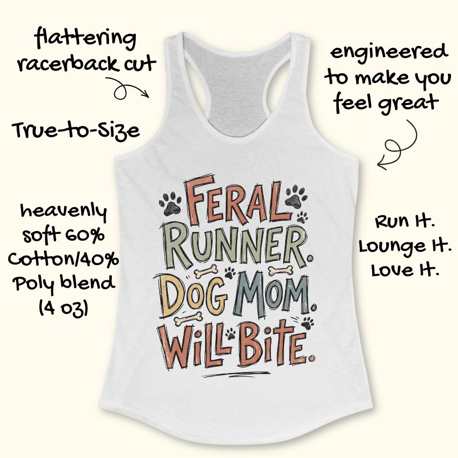 White tank top with text 'Feral Runner Dog Mom Will Bite' on a white background