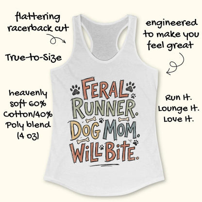 White tank top with text 'Feral Runner Dog Mom Will Bite' on a white background