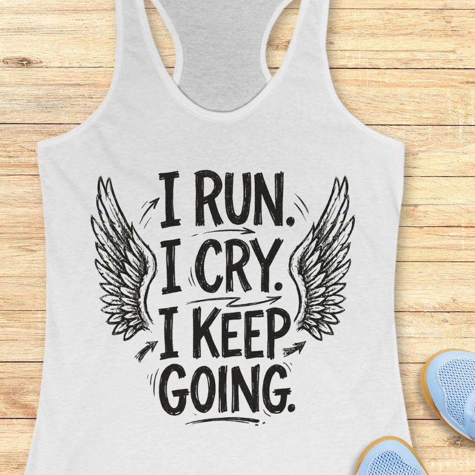 Gray tank top with motivational quote "I run. I cry. I keep going." and wings on a wooden surface