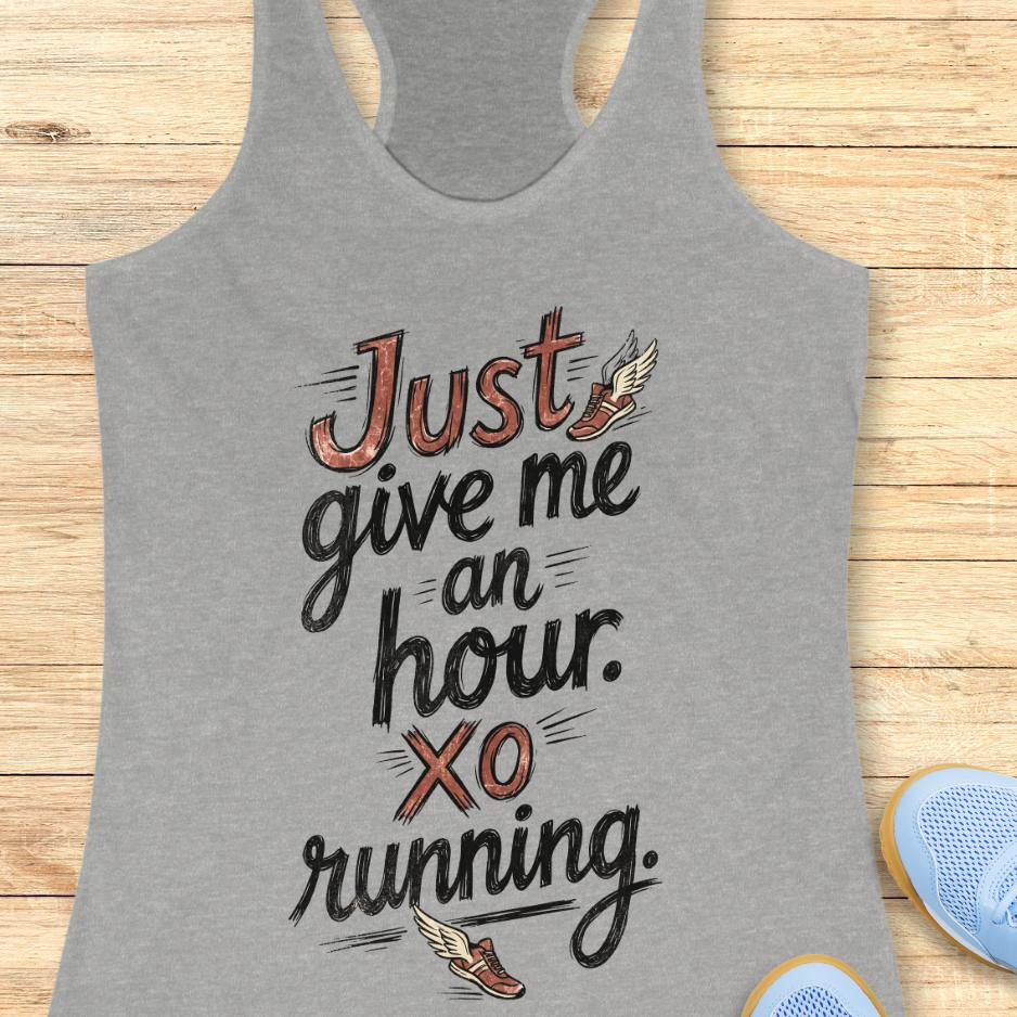 Gray tank top with motivational quote "just give me an hour. xo running."  on a wooden surface