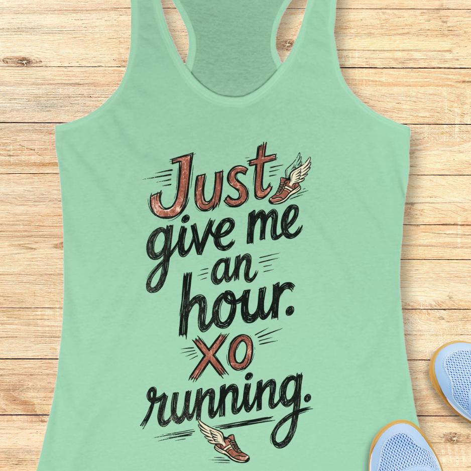 Mint green tank top with text 'Just give me an hour. XO running.' on a wooden surface.
