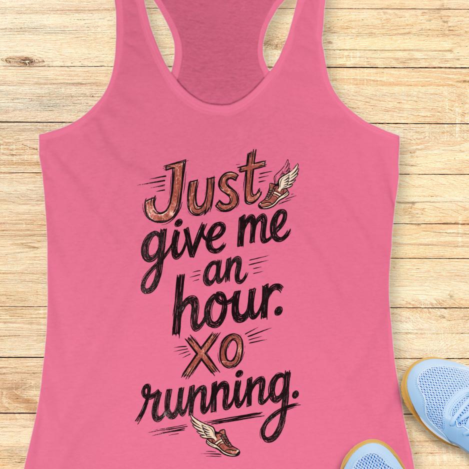 Pink tank top with text 'Just give me an hour. XO running.' on a wooden surface.