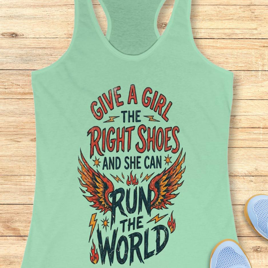 mint tank top with motivational quote "give a girl the right shoes and she can run the world" on a wooden surface