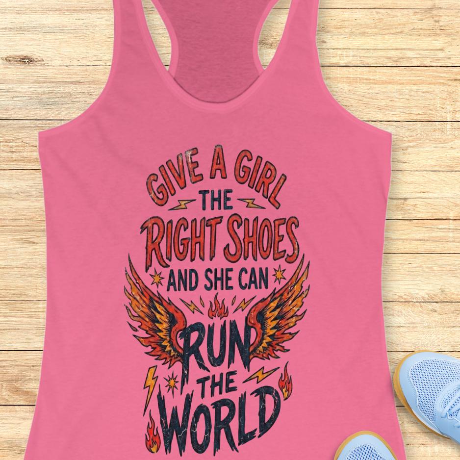 pink tank top with motivational quote "give a girl the right shoes and she can run the world" on a wooden surface