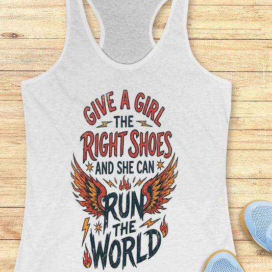 White tank top with motivational quote "give a girl the right shoes and she can run the world" on a wooden surface