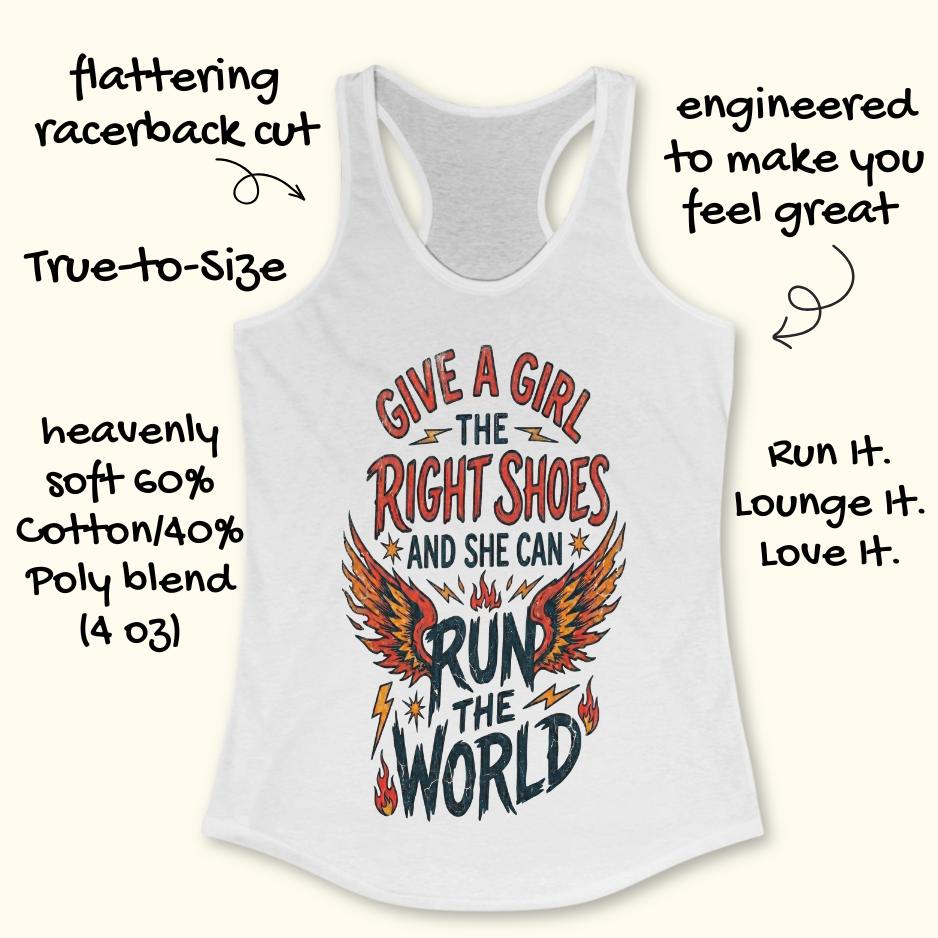 White tank top with motivational quote "give a girl the right shoes and she can run the world" on a white background