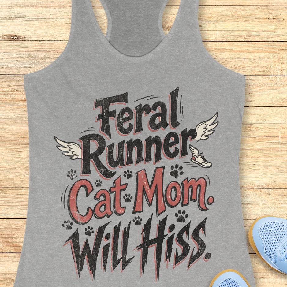 grey tank top with text "Feral runner, cat mom, will hiss" on a wooden background