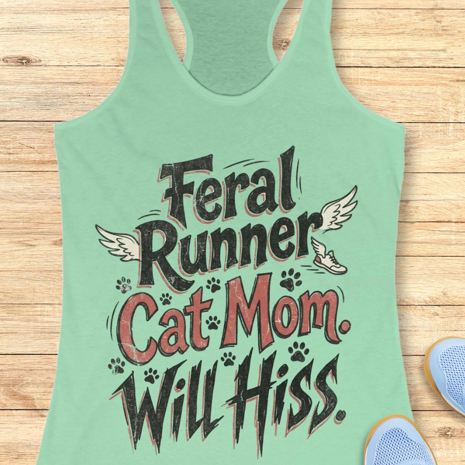 mint tank top with text "Feral runner, cat mom, will hiss" on a wooden background